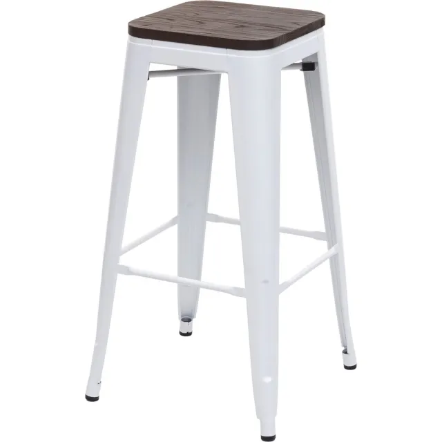 MCW Barkruk MCW-A73 incl. houten zitting, barkruk tegenkruk, metaal industrieel ontwerp stapelbaar ~ wit