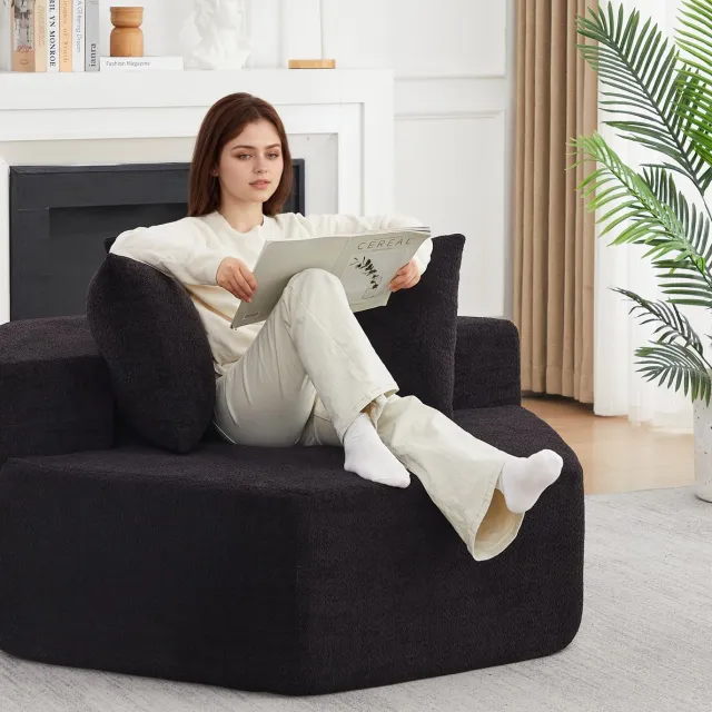 MEUNIQ modulair 1-zits fauteuil in zwart chenille met armleuningen en 3 kussens, modern design voor woonkamer of zithoek