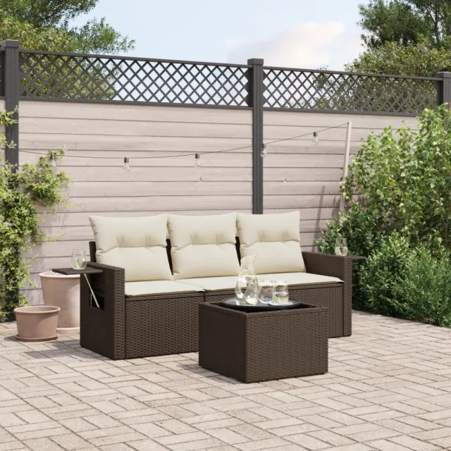 vidaXL 4-delige Loungeset met kussens poly rattan bruin, foto 2