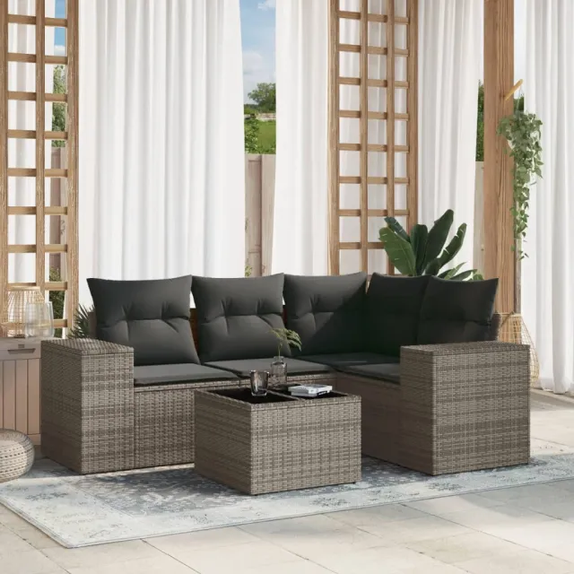 vidaXL 5-delige Loungeset met kussens poly rattan grijs, foto 2