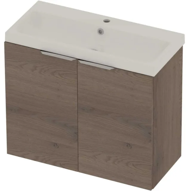 Basic-Line Pretty 36 Badmeubelset Polystone 1 Kraangat Voor Grepen 80x36x70 cm Dusk Oak Glans Wit