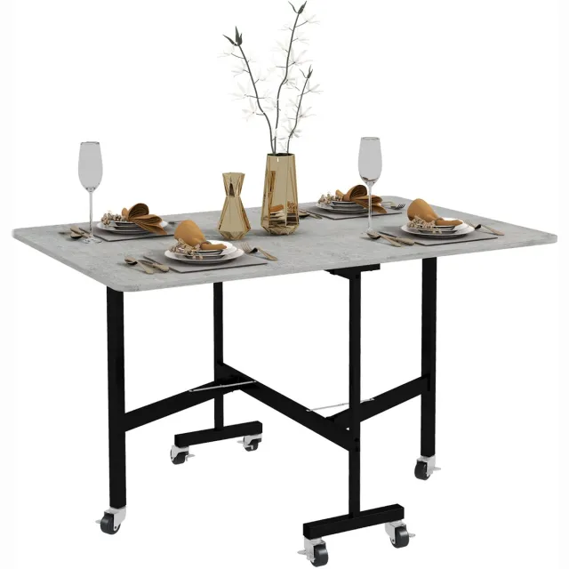 Homcom Opklapbare Eettafel - Betonlook - Op Wielen - Voor 6 Personen - Grijs