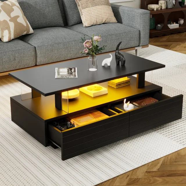 MODENUIT Salontafel - Met Ledverlichting En 2 Laden - Voor Woonkamer Of Kantoor - Acryl Zwart - 100x50x42 Cm