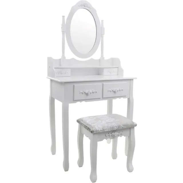 FUNFIT HOME&OFFICE Kaptafel met spiegel en krukje - 75x40x147 cm - Wit - Massief grenen en MDF