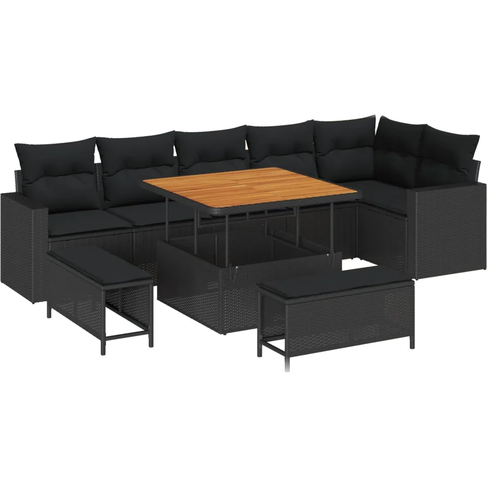 vidaXL Tuinbankenset 9 st Zwart poly rattan, foto 4