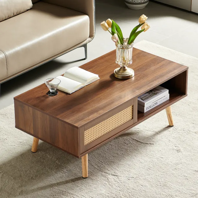 CHICFURN Salontafel - Schuifdeur - Opbergruimte - Houten poten - Bruin