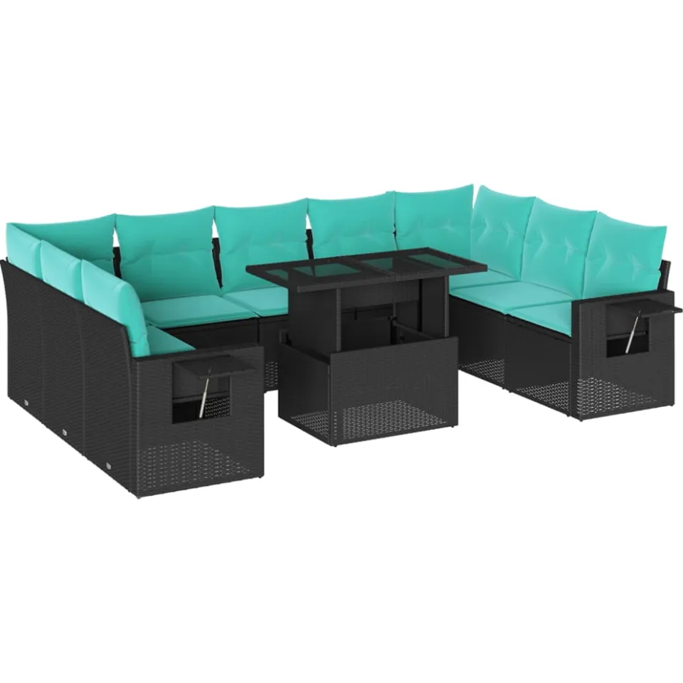 vidaXL 10-delige tuinbankset met kussens van zwart polyrotan, foto 3