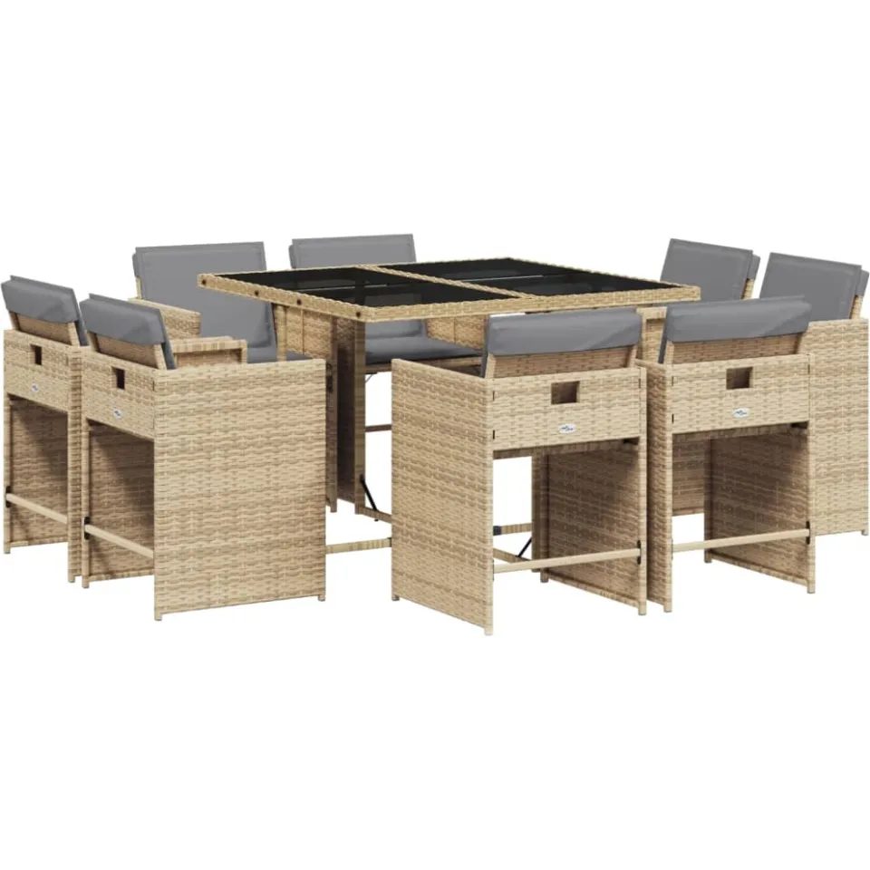 vidaXL 9-delige Tuinset met kussens poly rattan gemengd beige, foto 4