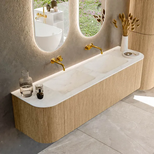 Mondiaz KURVE-DLUX 170 cm Onderkast Greeploos 1 Lade Met Deuren Oak, Wastafel Solid Surface Dubbel Opalo 0 Kraangaten Zonder Spiegel (KRVLEA170L+R1L2D0KD-Oak/Opa)