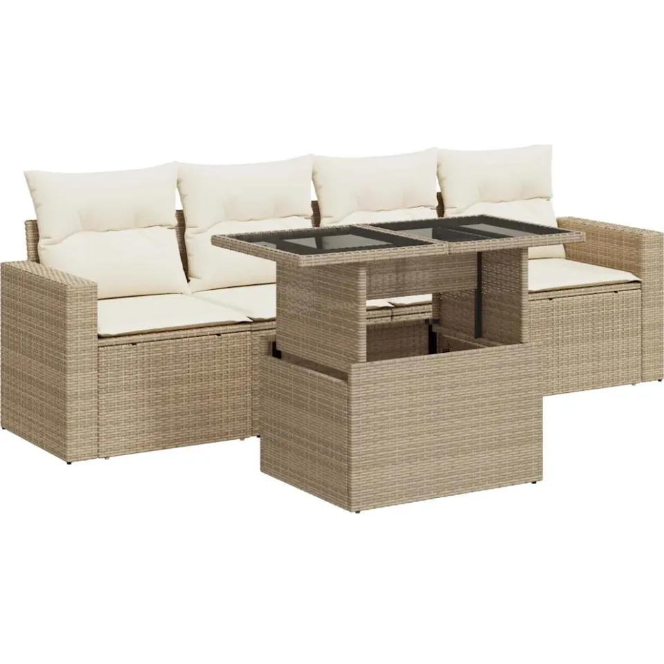 vidaXL 5-delige Loungeset met kussens poly rattan beige, foto 3