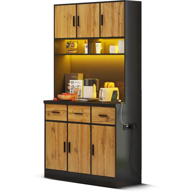 Ropilly Keukenkast met stopcontact - Ruime opbergruimte met lades - Buffetkast met led verlichting - Voor keuken en eetkamer - 100x40x180cm Zwart Zwart+Naturel