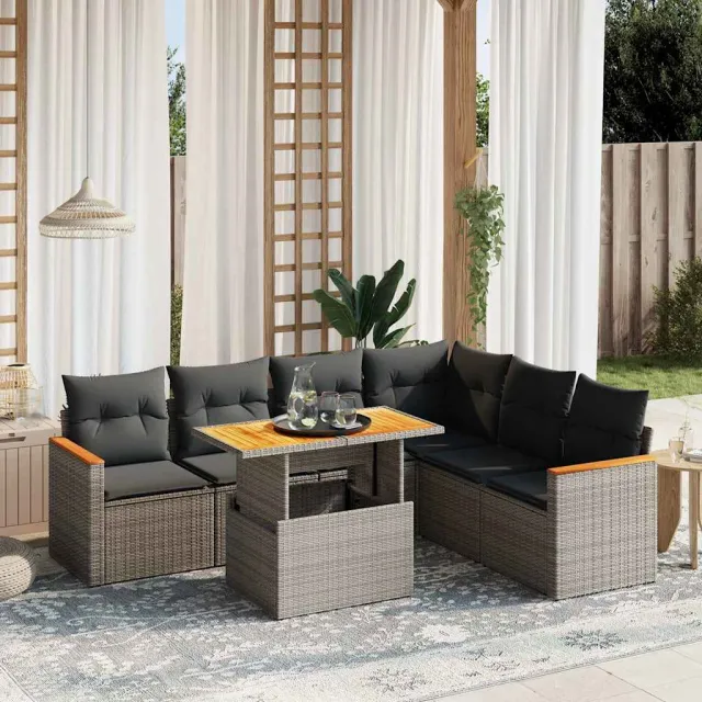 vidaXL 7-delige Loungeset met kussens poly rattan grijs, foto 2