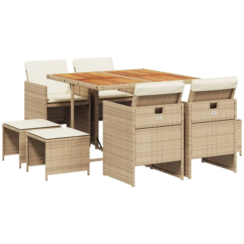 vidaXL 9-delige Tuinset met kussens poly rattan beige