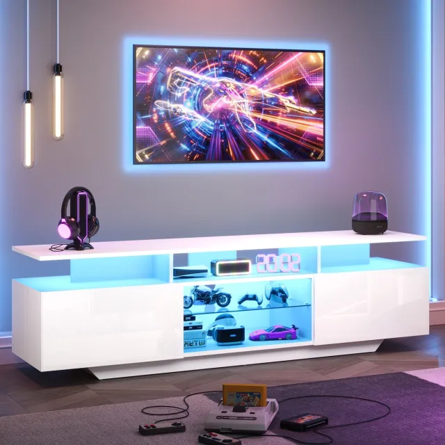 MIVRAY Televisiemeubel - Hoogglans Met Ledverlichting En 8 Opbergvakken - Voor Woonkamer En Mediaruimte - MDF En Glas - 160x40x45 Cm - Wit