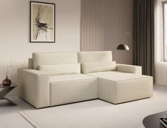 InspireME Ecksofa DENVER MINI aus Cord, Ottomane beidseitig montierbar Couch CInspireME Denver Mini Hoekbank - Slaapfunctie - 200x140 cm - Corduroy Stof - Beige - Poso 105