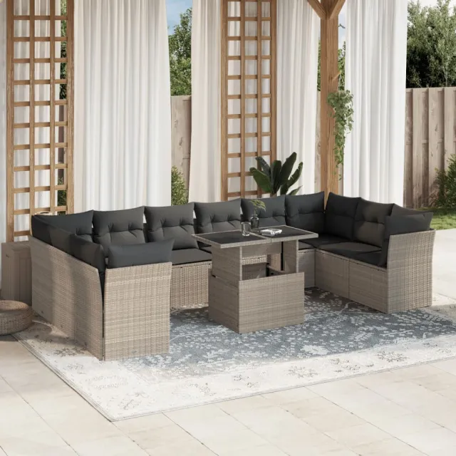 vidaXL 11-delige Loungeset met kussens poly rattan lichtgrijs grijs, foto 2