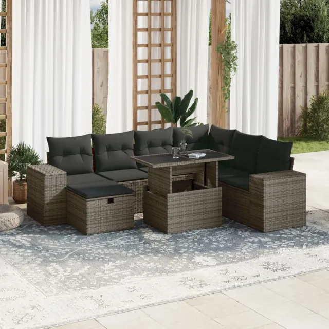 vidaXL 8-delige Loungeset met kussens poly rattan grijs, foto 2