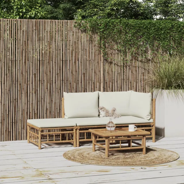vidaXL 3-delige Loungeset met kussens bamboe crèmewit, foto 2