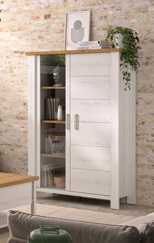 Gami Belfurn - Vitrinekast Mano – witgekalkte houtstructuur met bovenblad in eik artisan – inclusief LED-verlichting