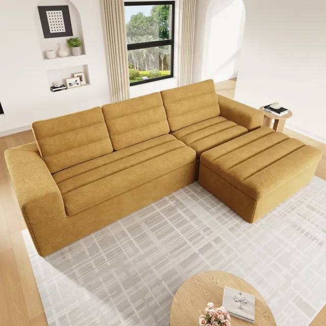 Zubaliya Moderne Hoekbank, L-Bank, 3-Zitsbank, Modulaire L-Vormige Hoekbank, Frameloos Ontwerp, Wolkbank, Vrij Combineerbaar, Ideaal Voor Woonkamers En Appartementen, Geen Montage Nodig, Chenillestof-Geel