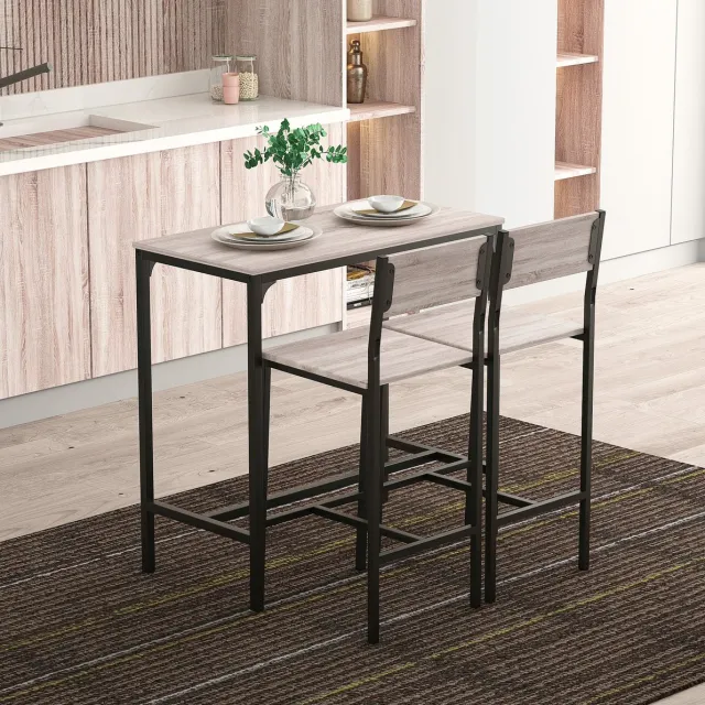 MEUNIQ bartafel met 2 barkrukken 3-delige set 89 x 45 x 87 cm met hoge rugleuningen en voetsteunen voor keuken en eethoek naturel en zwart