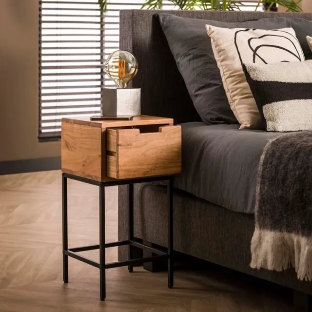 LT-Luce Nachtkastje XS Flat 1 Lade Massief Acacia Hout 30 x 30 x 60 cm Zwart & Bruin