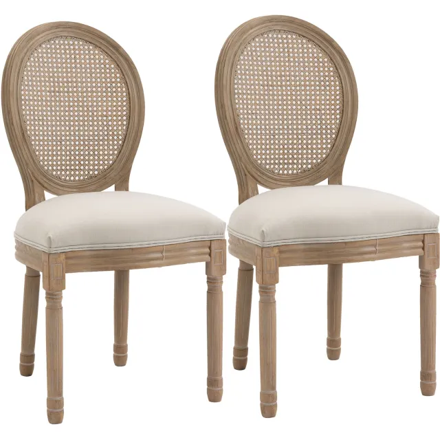 Homcom eetkamerstoel met polyrotan rugleuning, set van 2 - Keukenstoel, eetstoel - Crèmewit met naturel Cremeweiß+Natur