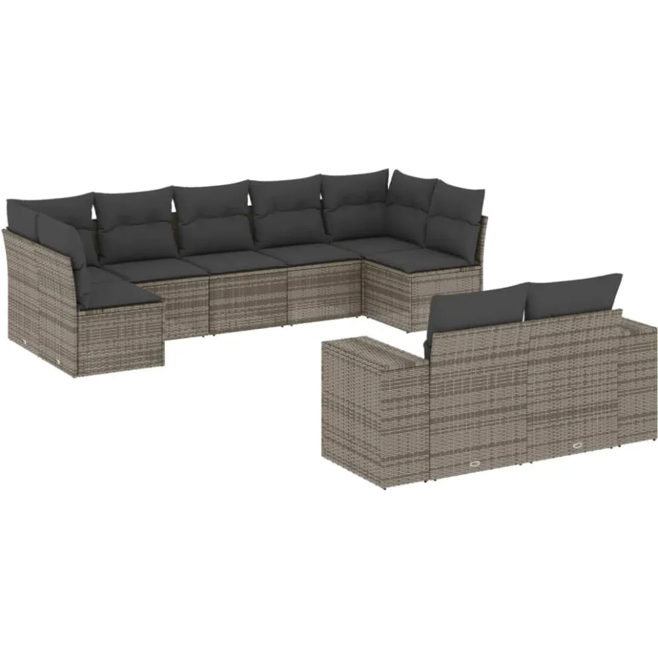 vidaXL 9-delige Loungeset met kussens poly rattan grijs, foto 3