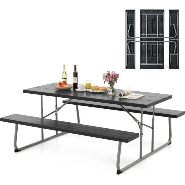 Costway Biertentgarnituur, inklapbaar, 183 cm biertafelgarnituur in houtlook, biertafel met HDPE-tafelblad, parasolgat en metalen frame, feesttentgarnituur, zitgarnituur voor tuin, terras Zwart