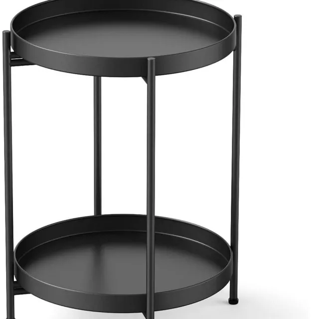 RFWR Metalen bijzettafel rond zwart met afneembare tablet 40 cm diameter, salontafel nachtkastje voor woonkamer en slaapkamer