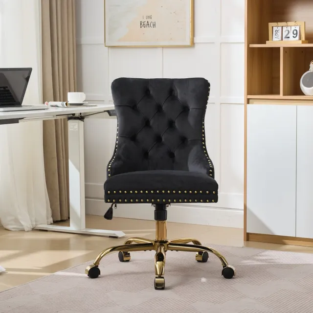 MUVANO Bureaustoel - Kantoorstoel - Velvet Stoel-Thuiswerk Stoel – Gecapitonneerd – Gouden Poten – Verstelbaar - Draaibaar - Kantoor - 63x50x98cm - 1 Stuk - Zwart