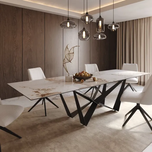 DELIFE Eetkamertafel Edge keramiek Minas Melange wit-beige 300x100 spider vlak staal zwart Weiß-Beige