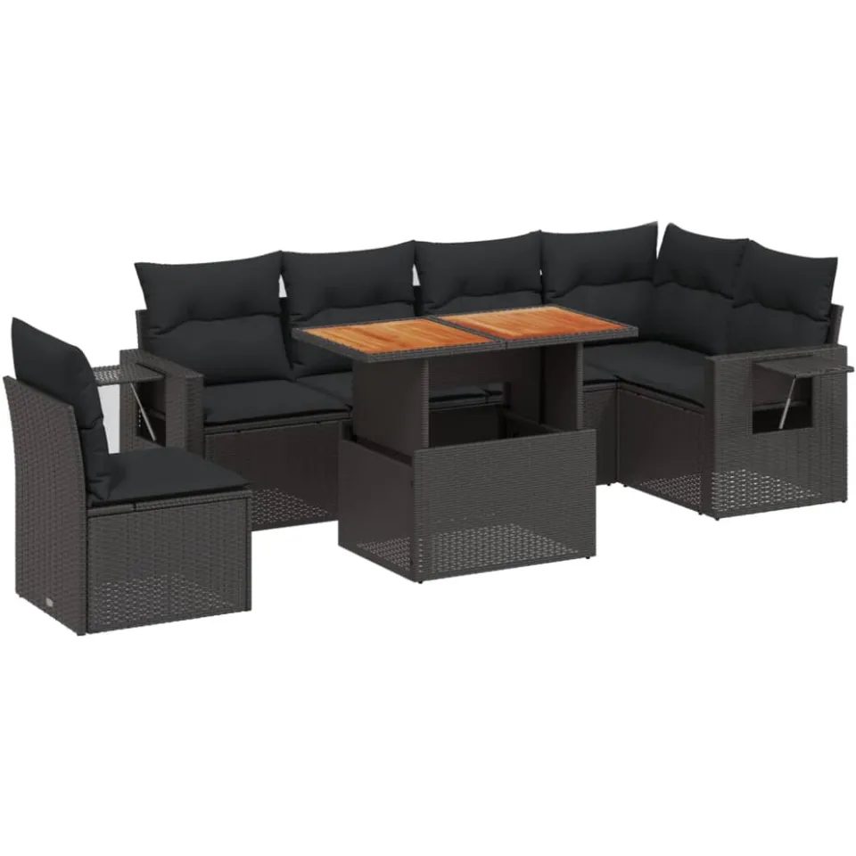 vidaXL 7-delige Loungeset met kussens poly rattan zwart