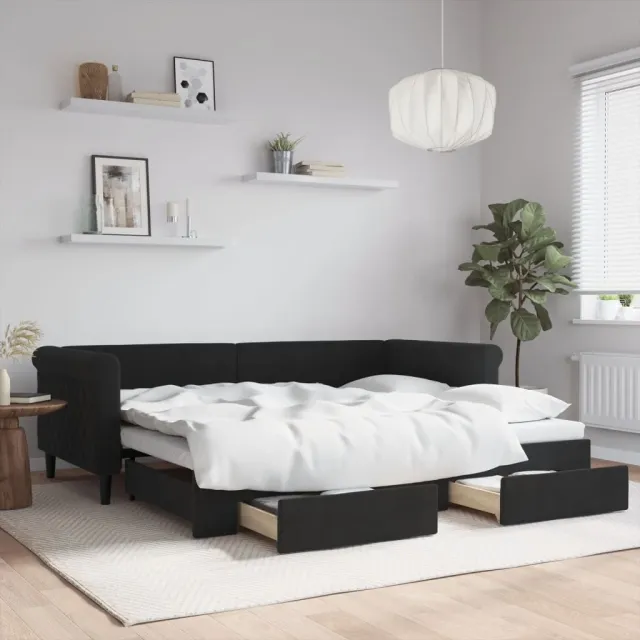 vidaXL Slaapbank met onderschuifbed en lades 90x200 cm fluweel zwart