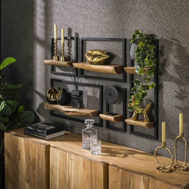 Dimehouse DH Interior Set van 5 wandplanken Viggo acaciahout metaal - Hout - Massief acacia - Industrieel - 25 x 12 x 75 cm