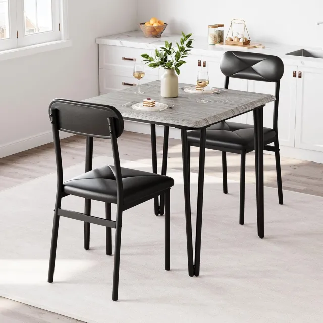 HOERFURIY Compacte Grijze Eettafel Set voor 2 Personen - Keukentafel met 2 Gestoffeerde Stoelen - Ruimtebesparende 3-Delige Eethoek voor Kleine Ruimtes & Studio's Grijs