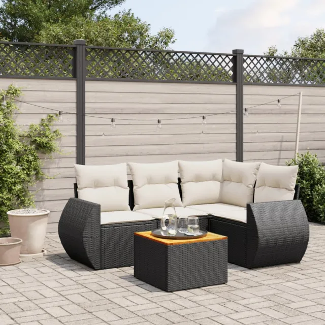 vidaXL 5-delige Loungeset met kussens poly rattan zwart, foto 2