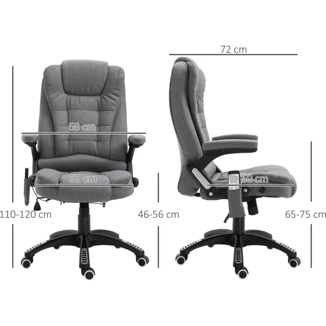 MUVANO Bureaustoel met massage en verwarming - Linnenlook - Verstelbare rugleuning - 68 x 72 x 110-120 cm - In hoogte verstelbaar - Voor thuiskantoor - Grijs