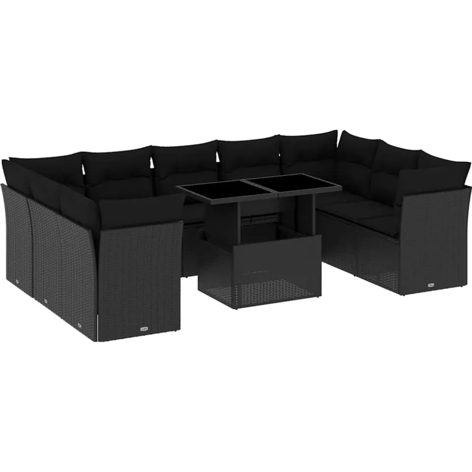 vidaXL 10-delige Loungeset met kussens poly rattan zwart, foto 3