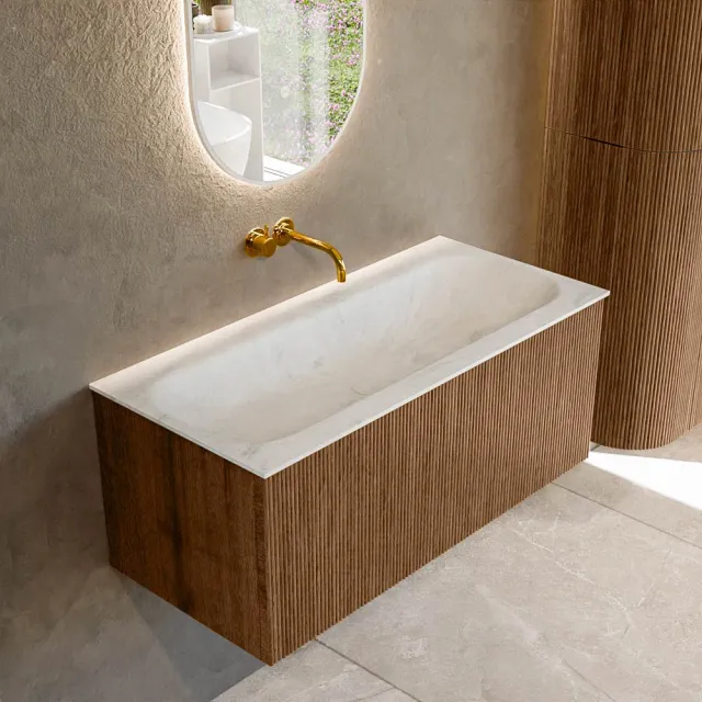 Mondiaz KURVE-DLUX 100 cm Onderkast Greeploos 1 Lade Zonder Deuren Walnut, Wastafel Solid Surface Volledig Opalo 0 Kraangaten Zonder Spiegel (KRVBGM1001L0D0KM-Wal/Opa)