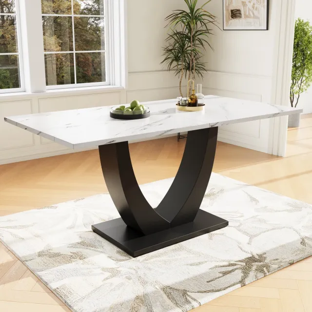 MIVRAY Eettafel - Marmerlook Met Verstelbare Voeten - Voor Eetkamer En Kantoor - MDF En Metaal - 140x75x75,5 Cm - Wit Zwart
