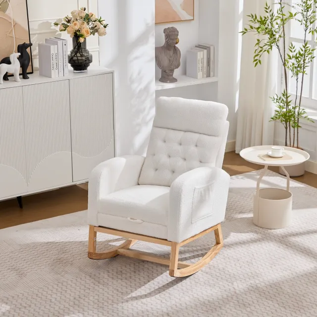MODENUIT Schommelstoel 65,6 x 123 x 102 cm - Met Verstelbare Voetensteun En Zijvakken - Woonkamer - Bouclé Wit