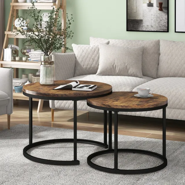 HAUSS SPOLE Salontafel Set - Ronde Nesttafels Stapelbaar met Metaalframe en MDF Blad - Groot 50x70.5 Cm / Klein 45.5x44 Cm - voor Woonkamer en Kantoor - Bruin