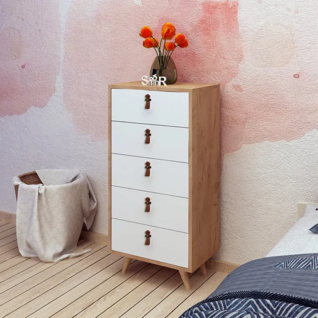 Skye Decor , Ladekast, Frenzu, Gemelamineerde spaanplaat, Eiken & Wit, 50 x 40 x 103 cm