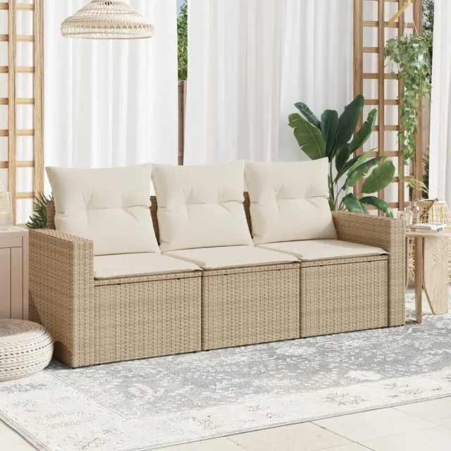 vidaXL 3-delige Loungeset met kussens poly rattan beige, foto 2