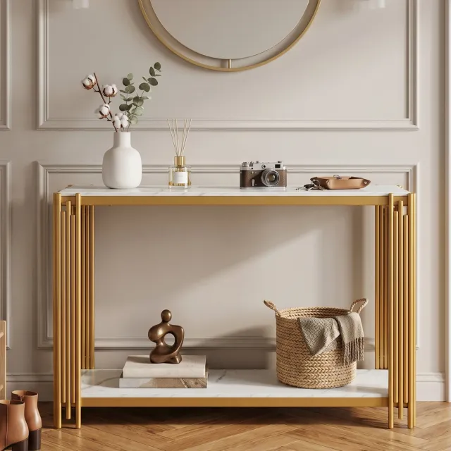 MODENUIT Sidetable 123,5 x 33,5 x 80 cm - 2 Legplanken - Hal En Woonkamer - MDF En Metaal - Goud Wit