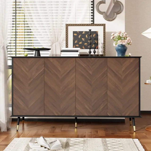 MEUNIQ dressoir 140 x 40 x 80 cm met 4 deuren en verstelbare planken, sideboard buffetkast voor woonkamer, eetkamer of hal, zwart en bruin