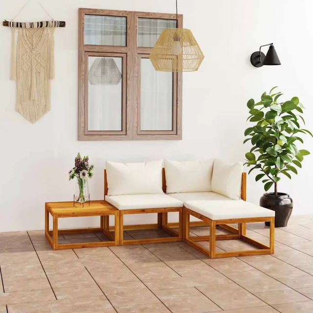 vidaXL 4-delige Loungeset met kussens massief acaciahout crème, foto 2