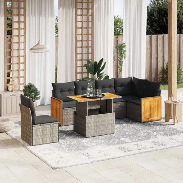 vidaXL 7-delige Loungeset met kussens poly rattan grijs, foto 2