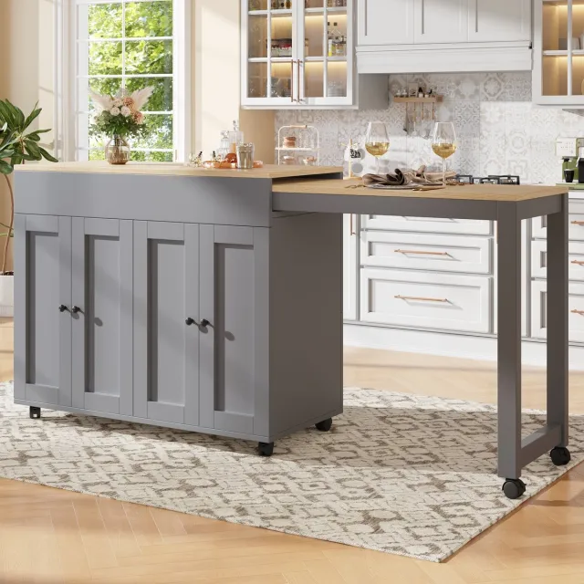 Clruro Uitbreekbare Bartafel - 118-180×50×94 cm - Opslagruimte + 6 Ablagevlakken - Multifunctioneel - MDF - Grijs